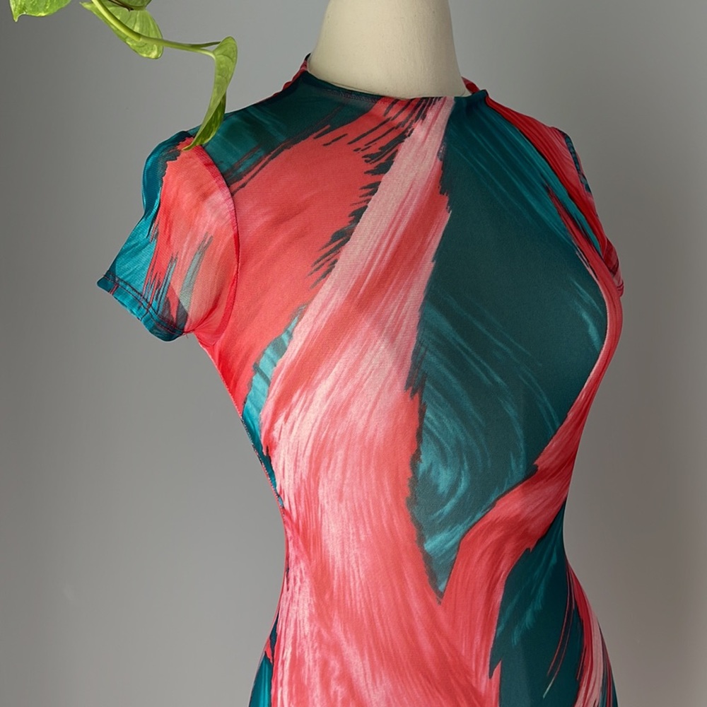 FashionNova fully lined sheer mesh teal red pink dress size S - Picture 5 of 8